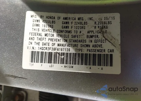 2015 Honda Accord Lx z USA, uszkodzony, nr VIN 1HGCR2F38FA187136